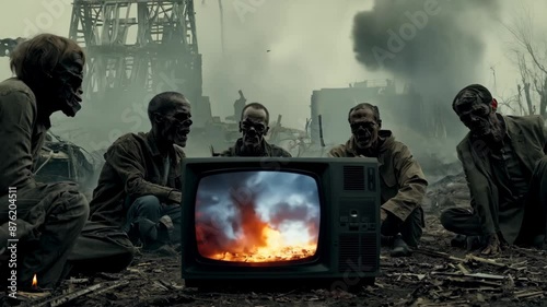 Zombies sit around a working television set that is broadcasting an explosion. The city after the apocalypse photo