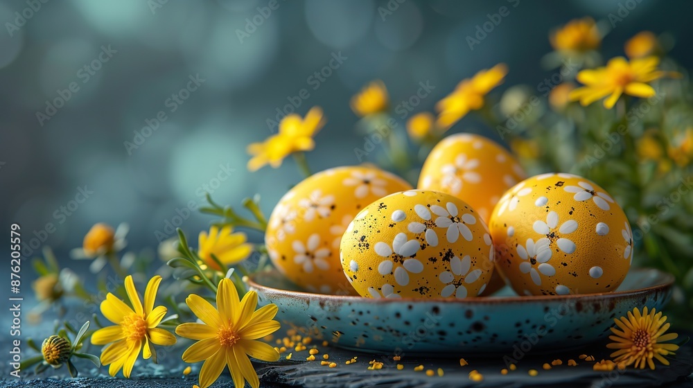 happy easter greeting card easter eggs on plate,yellow flowers on dark blue background.illustration happy easter greeting card easter eggs on plate,yellow flowers on dark blue background.illustration