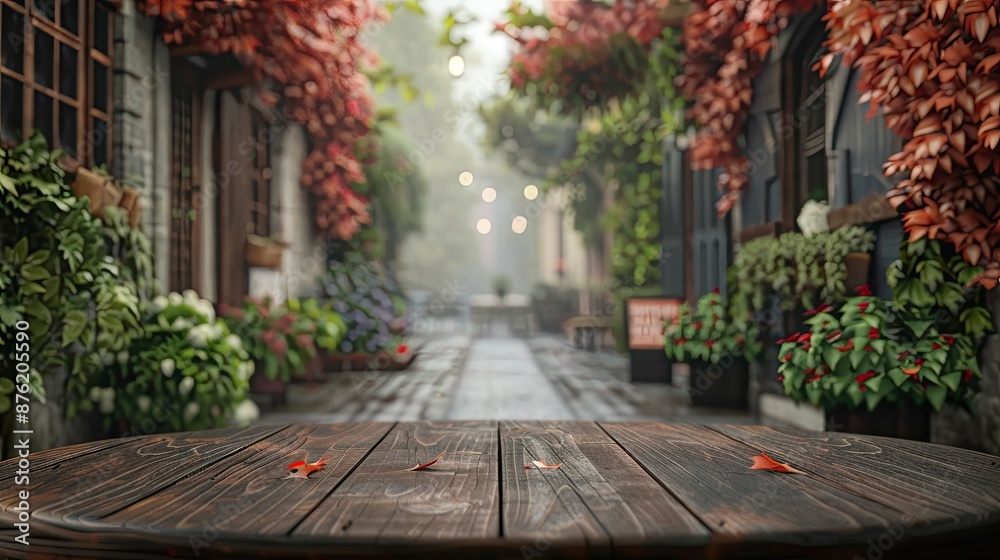 Fototapeta premium A Wooden Tabletop Overlooking a Misty Alleyway