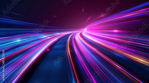 Trails of light left by acceleration speed motion on night road. Light moving fast train over darkness