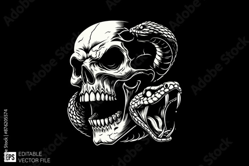 Dark art scary skull head tied by snake illustration graphic design ideas