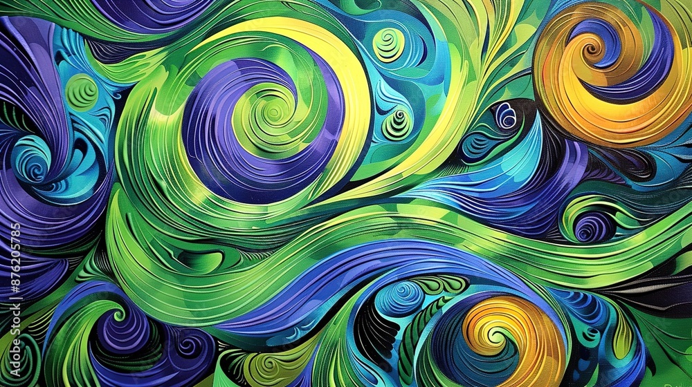 A vibrant abstract background with swirling patterns of blues, greens, and purples on canvas.