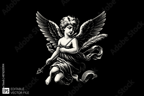 Vintage Cupid angle illustration design ideas black and white vector