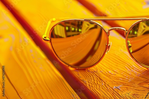 Close-up of stylish aviator sunglasses with a golden frame on a wooden surface photo