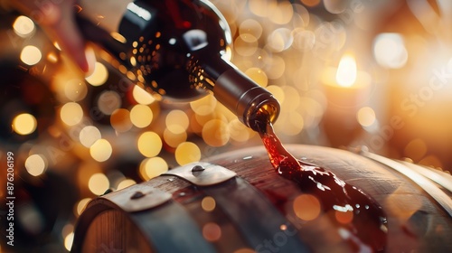 A close-up of wine being poured from a bottle into a barrel with a bokeh background, capturing the essence of a festive event or tasting session. photo