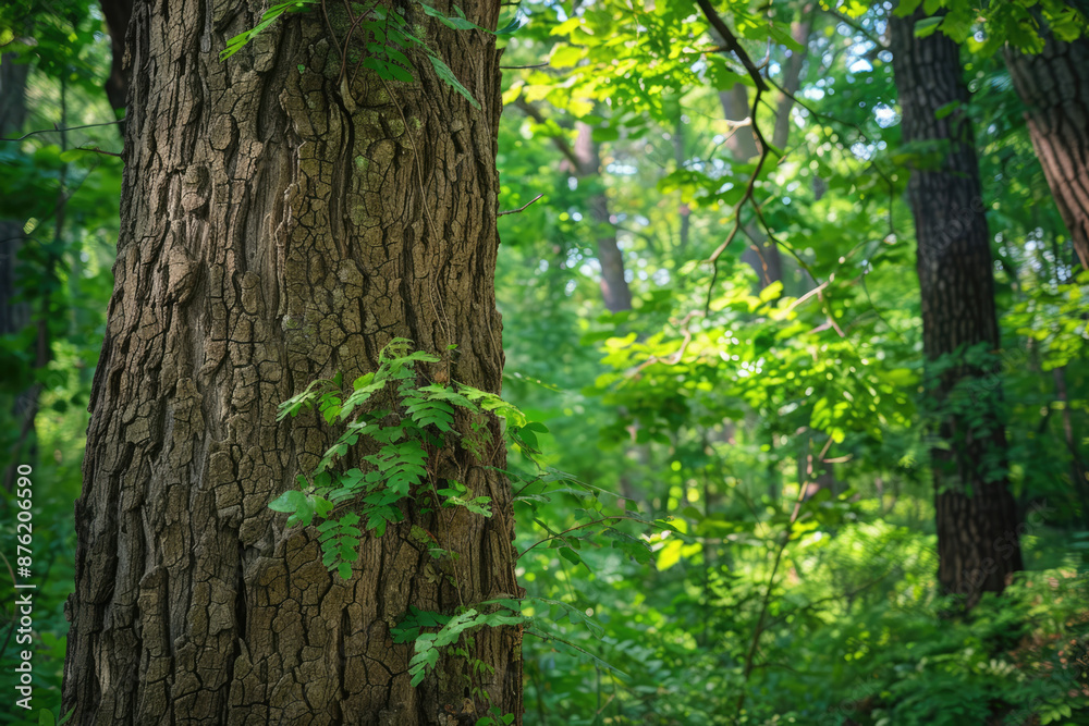 a tree trunk in a forest with a tree in the background. a tree trunk in a forest with a tree in the background.