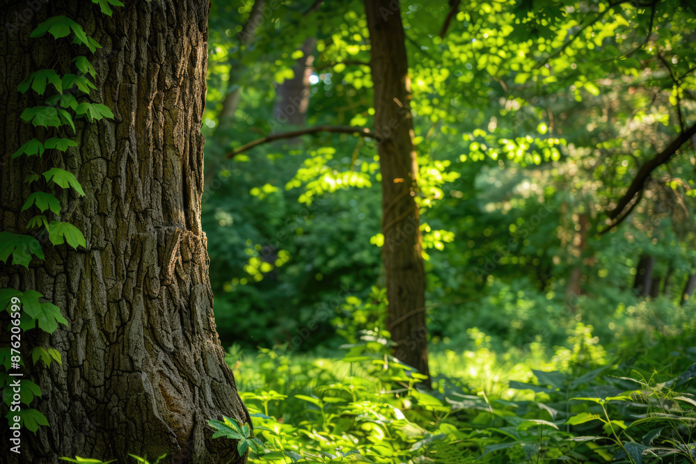 a tree trunk in a forest with a tree in the background.