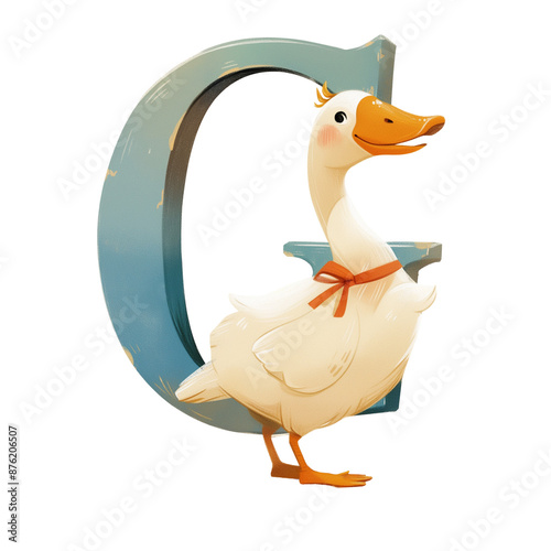 Goose and blue letter G, children's book illustration from the alphabet, ABC, primer, animal and the first letter of the name, transparent background, no background