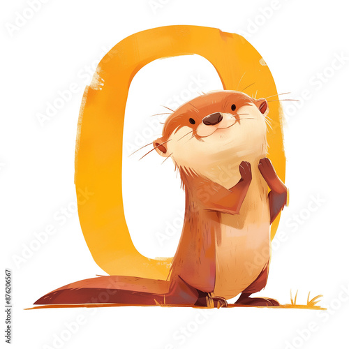 Otter and yellow letter O, children's book illustration from the alphabet, ABC, primer, animal and the first letter of the name, transparent background, no background