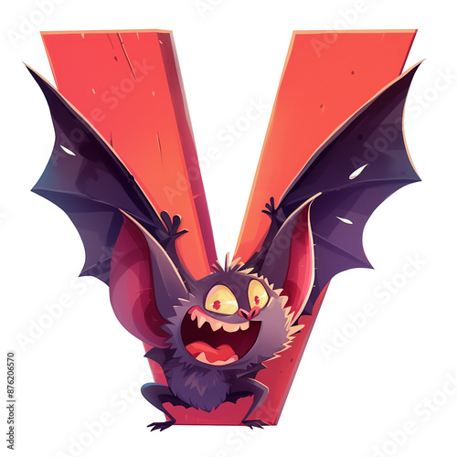 Vampire bat and red letter V, children's book illustration from the alphabet, ABC, primer, animal and the first letter of the name, transparent background, no background