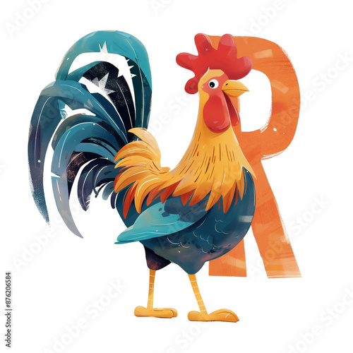Rooster and orange letter R, children's book illustration from the alphabet, ABC, primer, animal and the first letter of the name, transparent background, no background