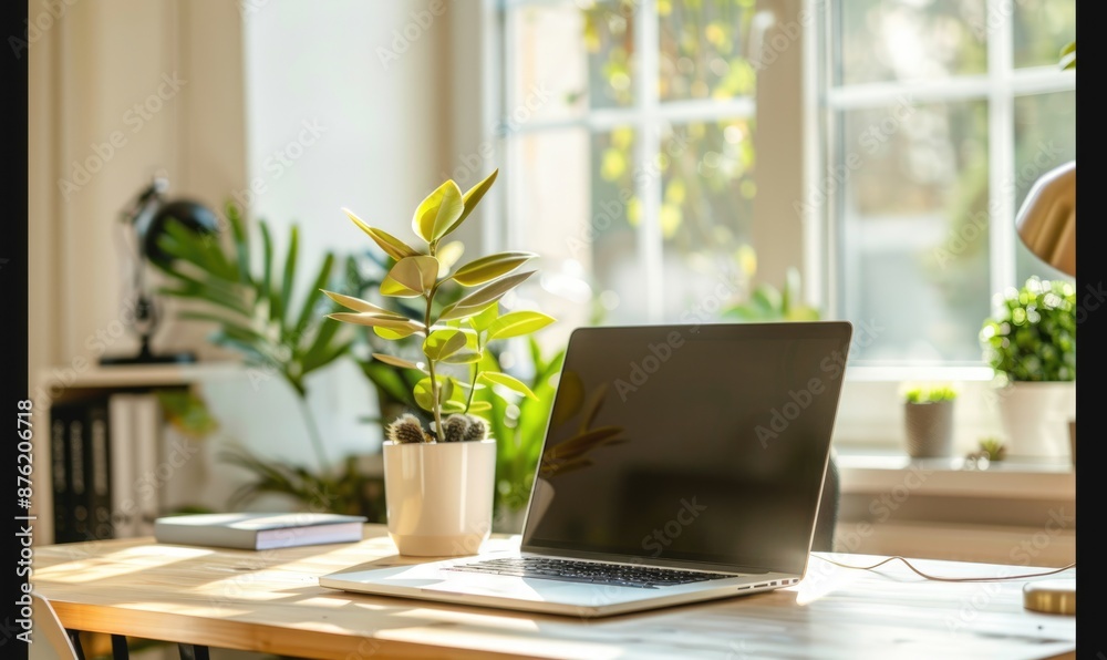 Fototapeta premium Home office workspace with laptop on wooden desk