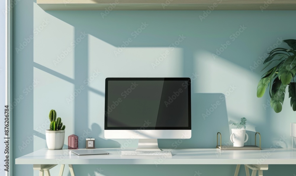 Home office layout with desktop computer on minimalist desk Home office layout with desktop computer on minimalist desk