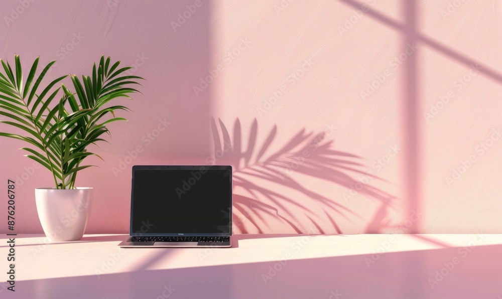 Fototapeta premium Laptop on white desk with potted flower and light from the window