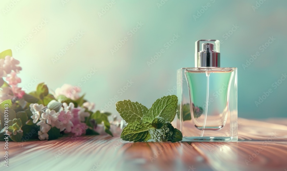 Elegant perfume bottle mockup on wooden surface Elegant perfume bottle mockup on wooden surface