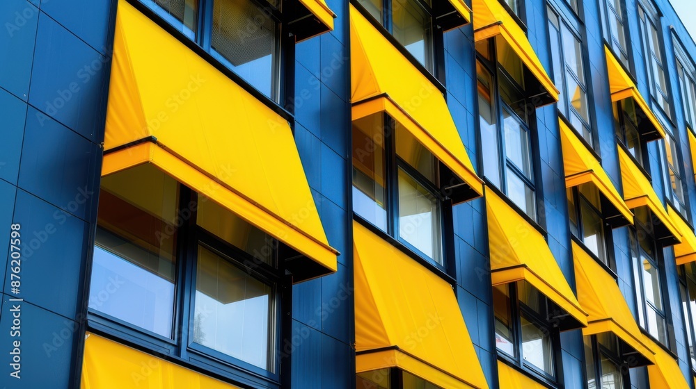 Vibrant Architecture, Yellow awnings on modern building, Dynamic and bold. Vibrant Architecture, Yellow awnings on modern building, Dynamic and bold.