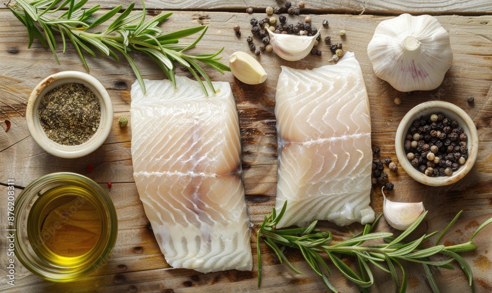 Fish ingredients on a white countertop, top view Fish ingredients on a white countertop, top view