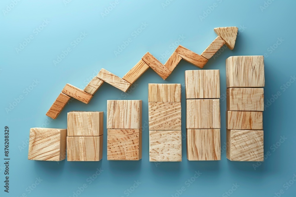 Blocks of wood arranged to show an increasing graph with an arrow, symbolizing financial success on a blue backdrop. Flat lay. High quality, stylized design without realistic details. Blocks of wood arranged to show an increasing graph with an arrow, symbolizing financial success on a blue backdrop. Flat lay. High quality, stylized design without realistic details.