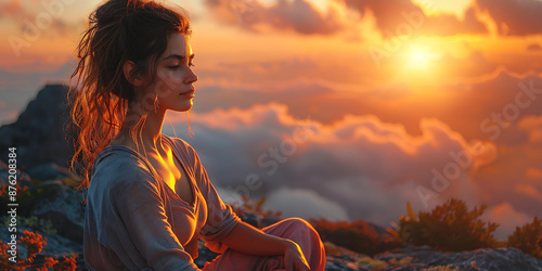 Sunrise Serenity: Woman Meditates on Mountaintop