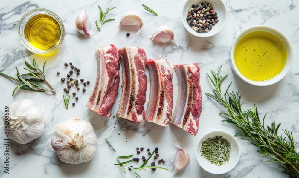 Meat ingredients on a granite countertop, beef ribs, garlic, rosemary, black pepper, olive oil Meat ingredients on a granite countertop, beef ribs, garlic, rosemary, black pepper, olive oil