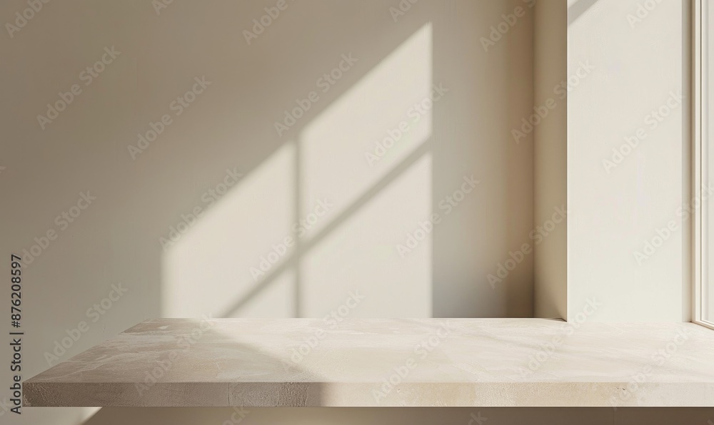 Fototapeta premium Light taupe countertop, pastel background, shadow from window on the right