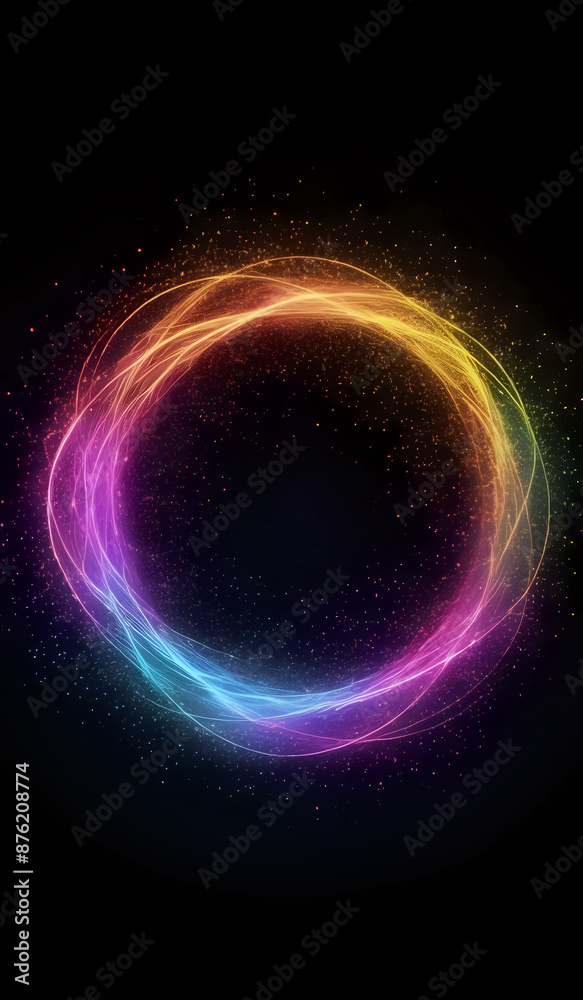A ring of rainbow colored neon energy waves on a dark background with magical sparks A ring of rainbow colored neon energy waves on a dark background with magical sparks