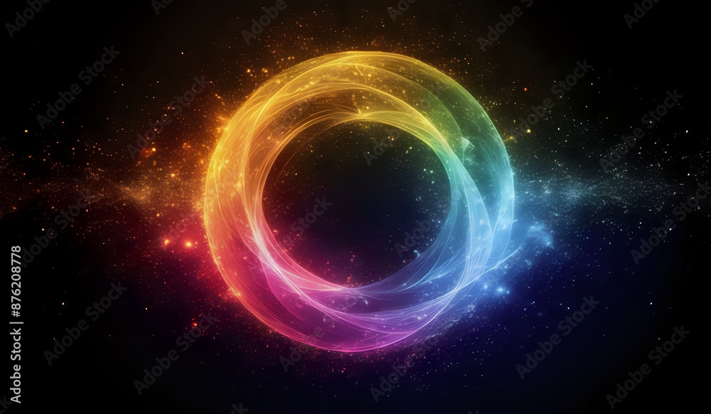 A ring of rainbow colored neon energy waves on a dark background with magical sparks A ring of rainbow colored neon energy waves on a dark background with magical sparks