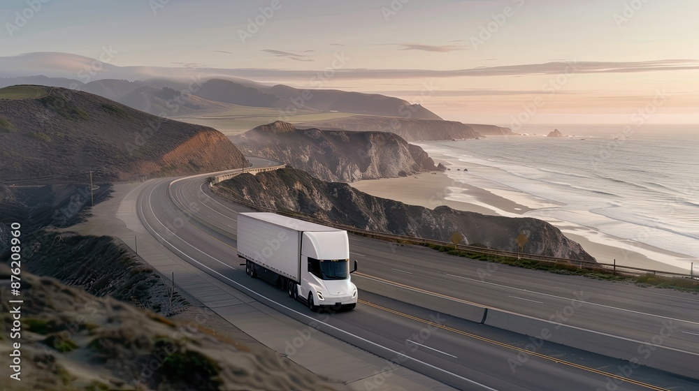 Obraz premium White Semi-Truck Travels Coastal Highway at Sunset