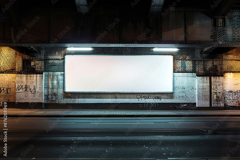 Fototapeta premium An urban setting featuring a large blank billboard on a graffiti-covered wall under a bridge. The scene is perfect for advertising mockups or creative urban-themed presentations.