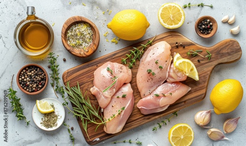 Meat ingredients on a wooden countertop, chicken breasts