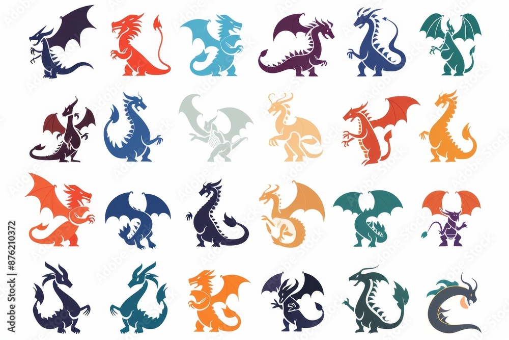 Dragons icon silhouette, dino, wyvern symbols, dinosaurs isolated, mythical monster, minimal flat tattoo Dragons icon silhouette, dino, wyvern symbols, dinosaurs isolated, mythical monster, minimal flat tattoo