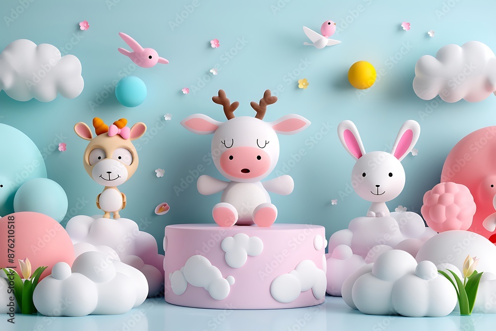 Obraz premium whimsical cartoon scene, cute animal characters, deer with antlers, bunny with pink ears, surrounded by fluffy clouds, pastel colors, pink and blue sky, toy-like setting, 3D rendering style 