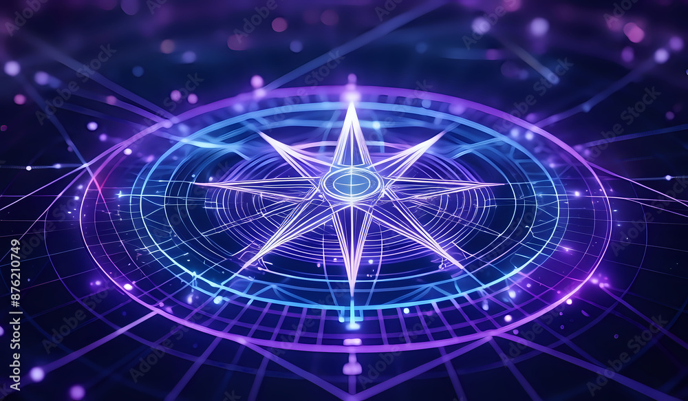 A holographic nautical compass on top of glowing lines representing network communication with sparkles of light in blue and purple tones A holographic nautical compass on top of glowing lines representing network communication with sparkles of light in blue and purple tones
