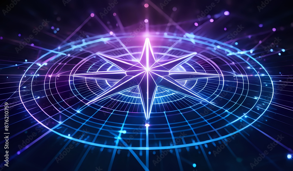 A holographic nautical compass on top of glowing lines representing network communication with sparkles of light in blue and purple tones A holographic nautical compass on top of glowing lines representing network communication with sparkles of light in blue and purple tones