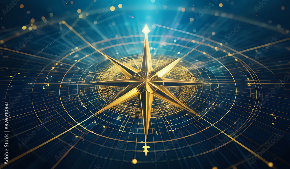 A holographic nautical compass on top of glowing lines representing network communication with sparkles of light in yellow and blue tones A holographic nautical compass on top of glowing lines representing network communication with sparkles of light in yellow and blue tones