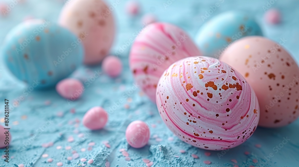 easter eggs,marble stone effect on pastel blue background happy easter card design flat lay top view.illustration easter eggs,marble stone effect on pastel blue background happy easter card design flat lay top view.illustration