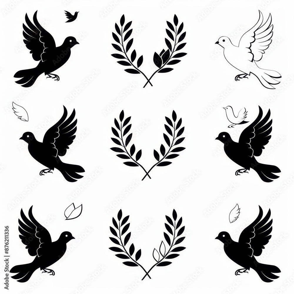 Peace dove graffiti, pigeons, twigs ink illustration. Flying birds silhouettes monochrome flat icons Peace dove graffiti, pigeons, twigs ink illustration. Flying birds silhouettes monochrome flat icons