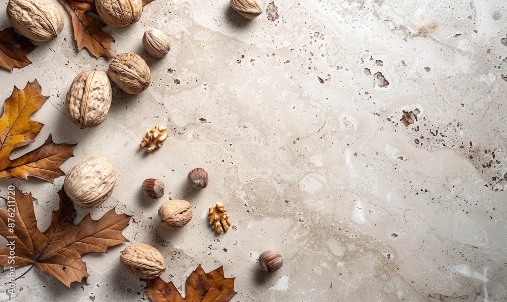 Fototapeta premium Top view of a beige stone countertop, autumn leaves and nuts