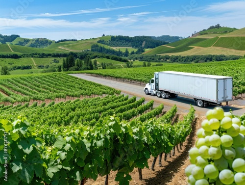 A Semi-Truck Drives Through a Lush Vineyard