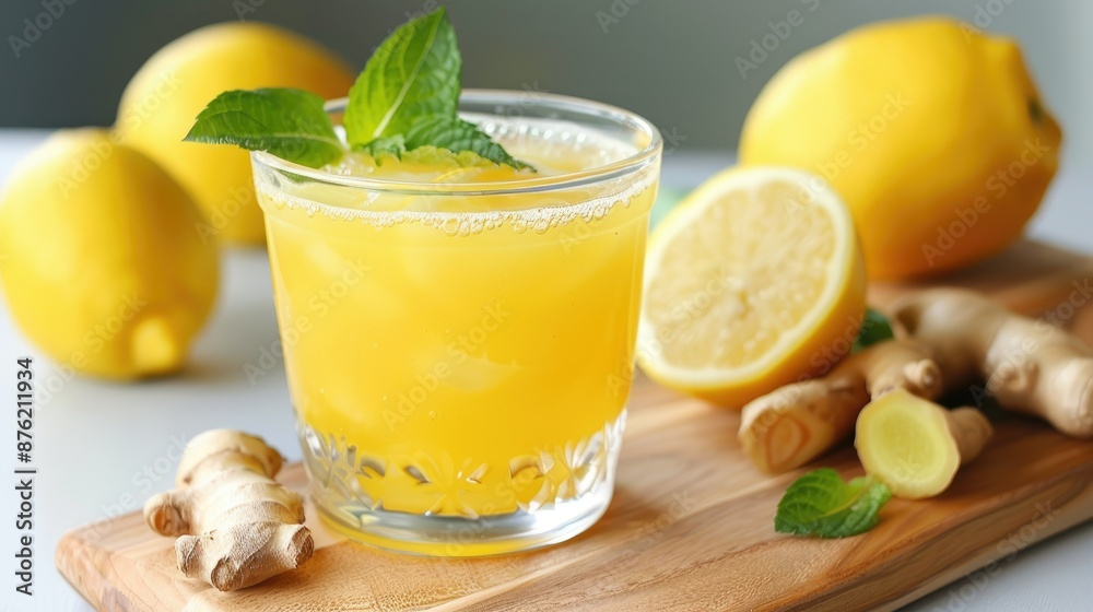 Fototapeta premium Fresh lemon ginger lemonade in glass cup with ingredients on cutting board