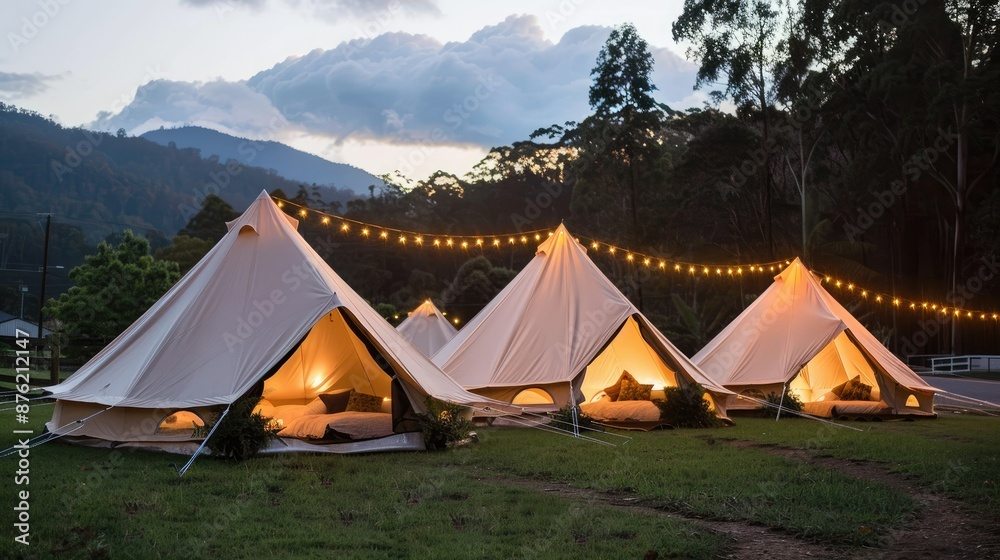 Glamorous camping setup with cozy tents nestled in picturesque countryside Glamorous camping setup with cozy tents nestled in picturesque countryside