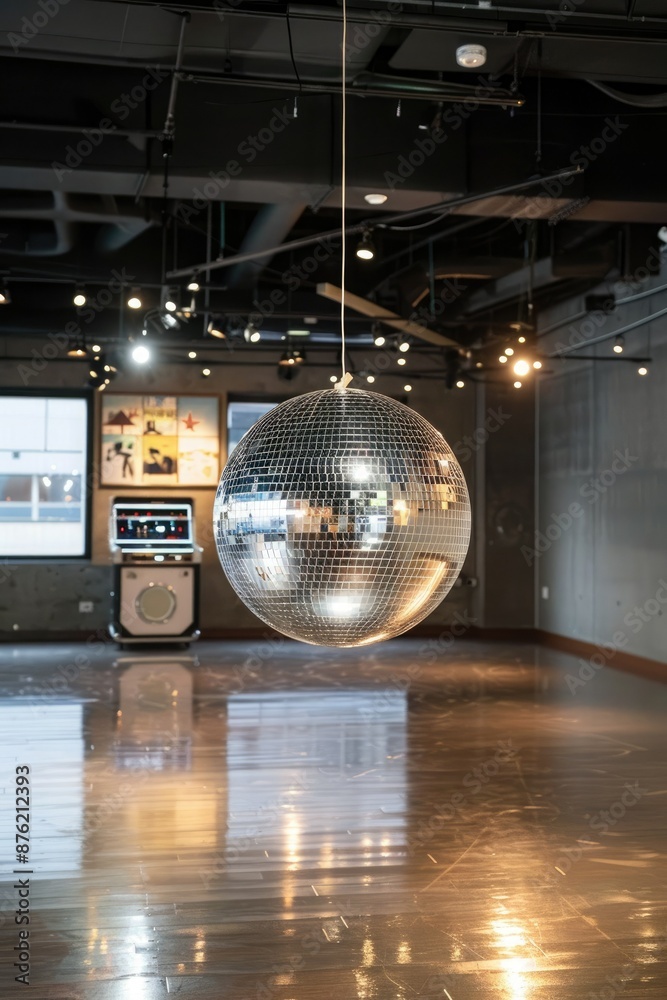 Fototapeta premium A Disco Ball Hangs in an Empty Dance Space