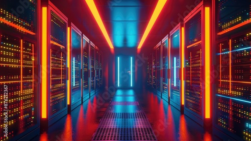 Large data server room with rows of glowing servers and fiber optic cables photo