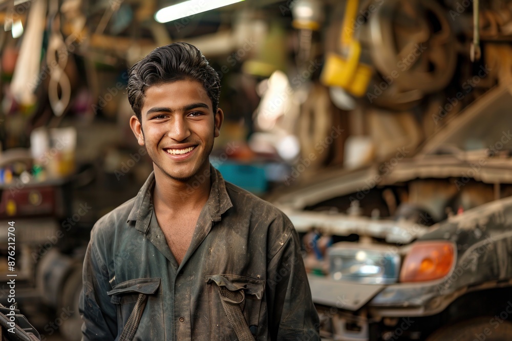 Smiling Mechanic in a Busy Garage Smiling Mechanic in a Busy Garage