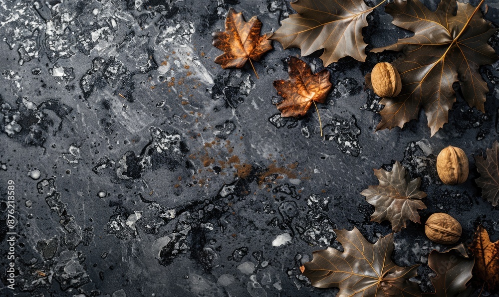 Top view of a dark granite countertop, frame of autumn leaves and nuts Top view of a dark granite countertop, frame of autumn leaves and nuts