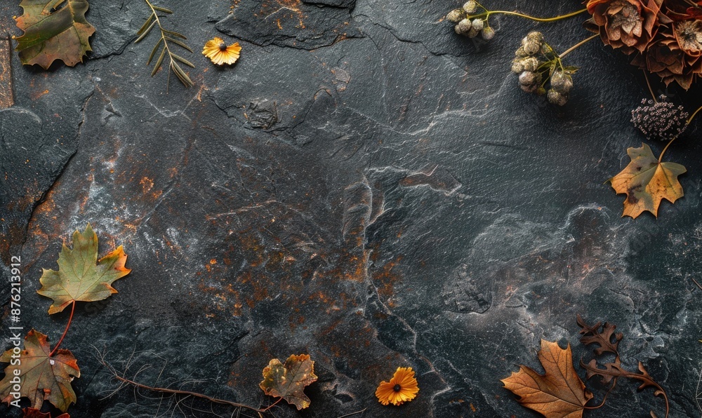 Fototapeta premium Top view of a dark stone countertop with autumn herbarium