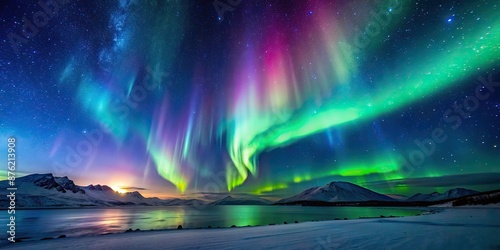 Northern lights illuminating a star-filled midnight sky, Northern Lights, Aurora Borealis, celestial