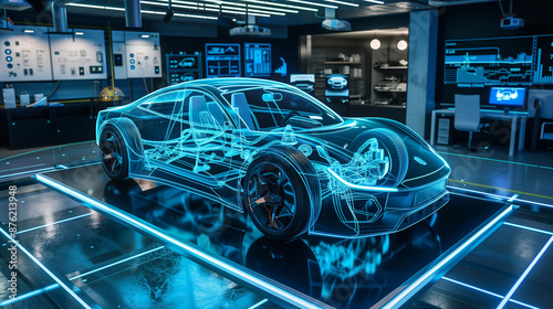 virtual car on the platform, AR augmented reality car design mock-up in R&D center room