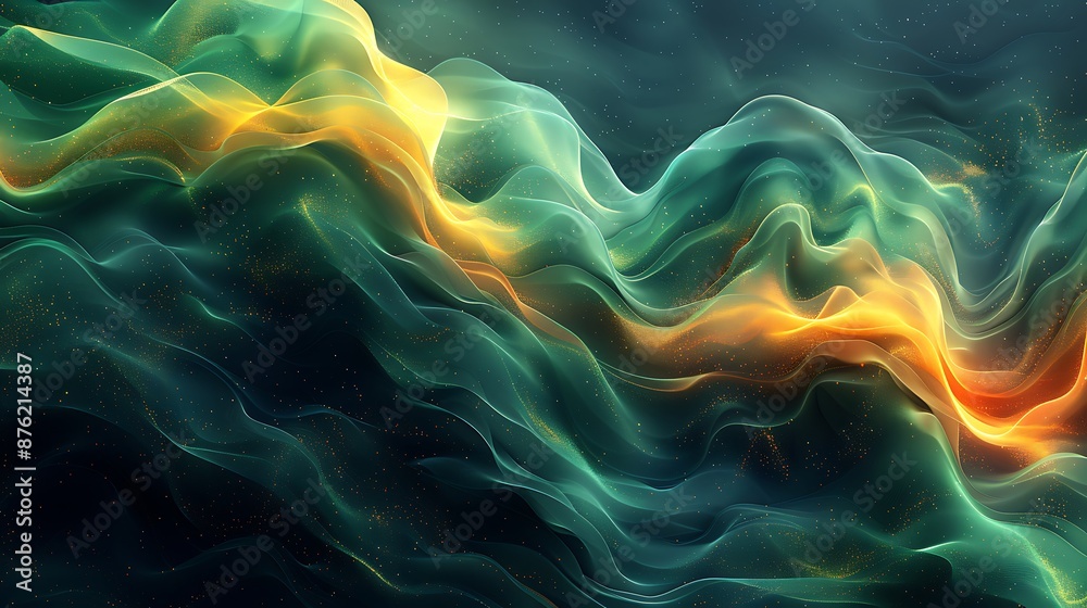 Fototapeta premium An abstract background with dynamic wave lines intersecting, transitioning from green to yellow, creating a sense of movement and energy.