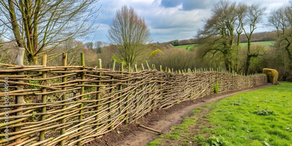 Hedgelaying technique for rewilding a natural hedge , hedgelaying, nature conservation, traditional skill Hedgelaying technique for rewilding a natural hedge , hedgelaying, nature conservation, traditional skill
